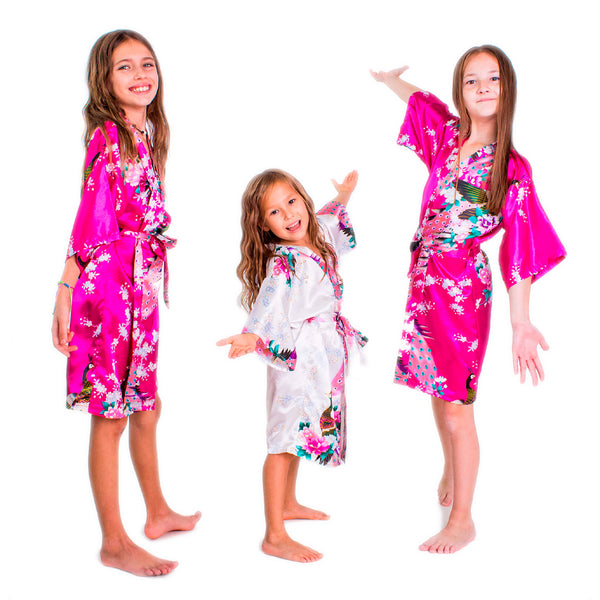 Set of 12 Kids Floral Peacock Satin Robes