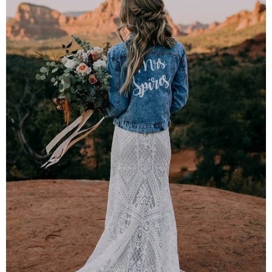 Just Married Custom Denim Jacket with Pearls