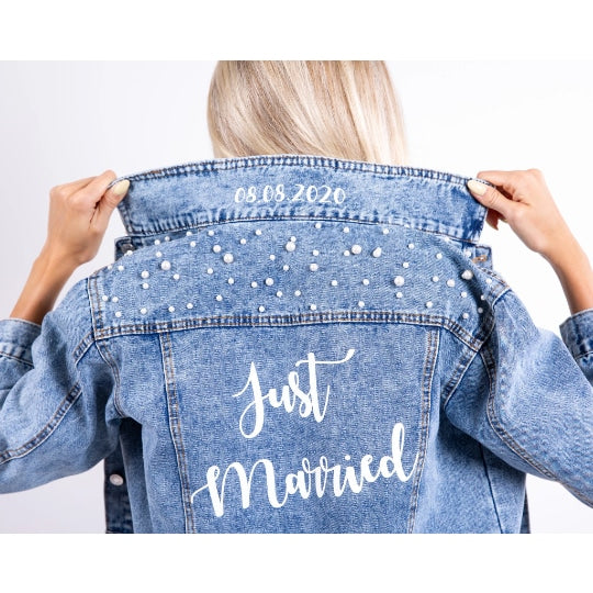 Just Married Custom Denim Jacket with Pearls
