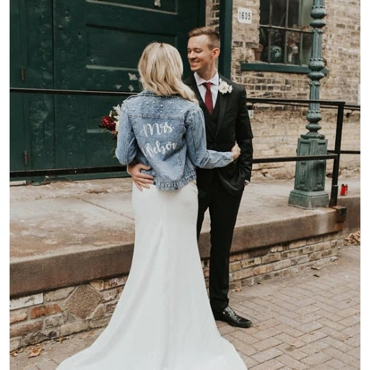 Just Married Custom Denim Jacket with Pearls