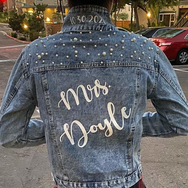 Just Married Custom Denim Jacket with Pearls