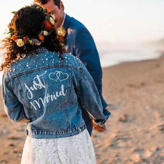 Just Married Custom Denim Jacket with Pearls