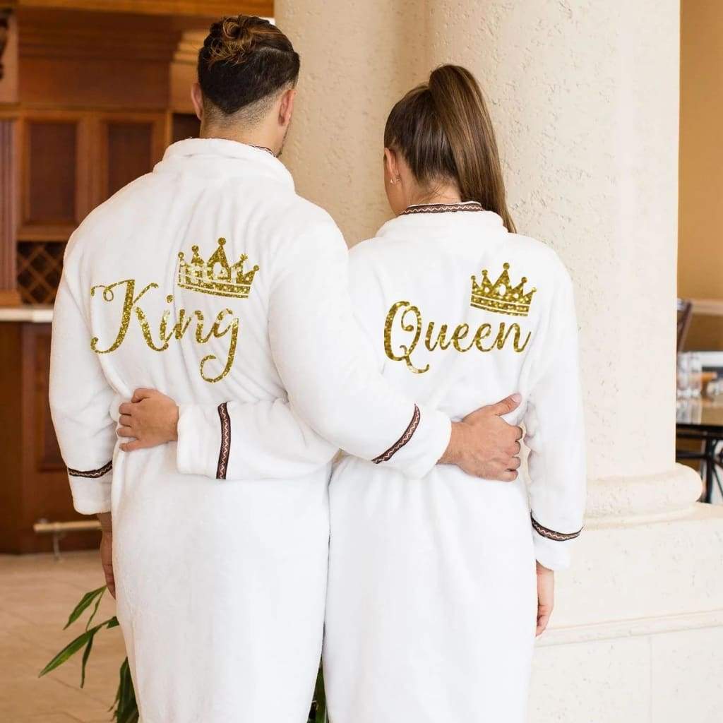 King and Queen Personalized Terry Bathrobes with brown Ribbon - Bridesmaid's World