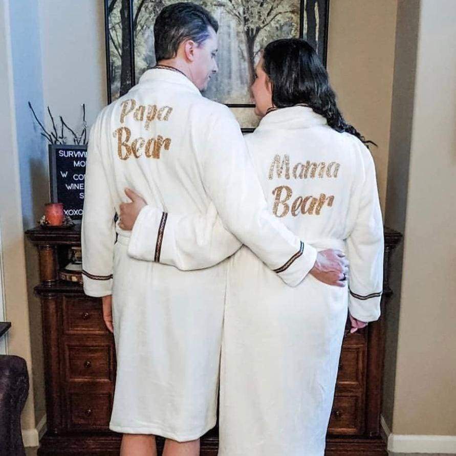 Cozy Terry with Brown Border Papa Bear and Mama Bear Personalized Bathrobe Set
