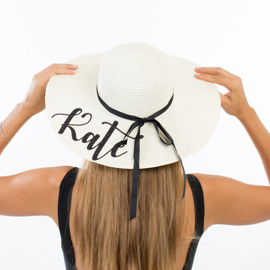 Floppy Sun Hats with Names Customized Hats Bridesmaid Hats Bride to Be, Black / One-Size